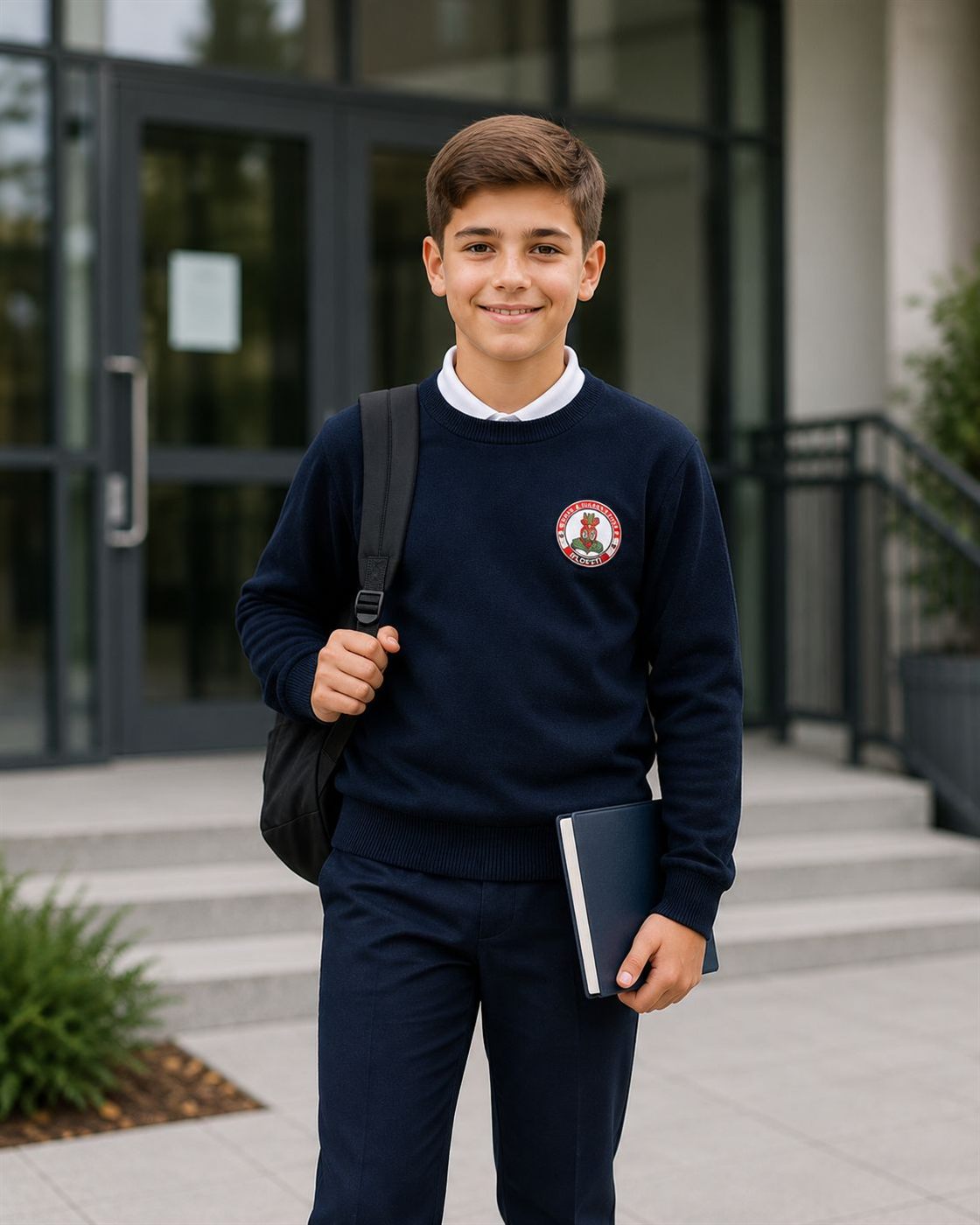 Băiat în bluză brodată bleumarin EduWear