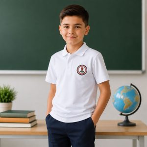 Băiat în polo alb brodat EduWear în clasă