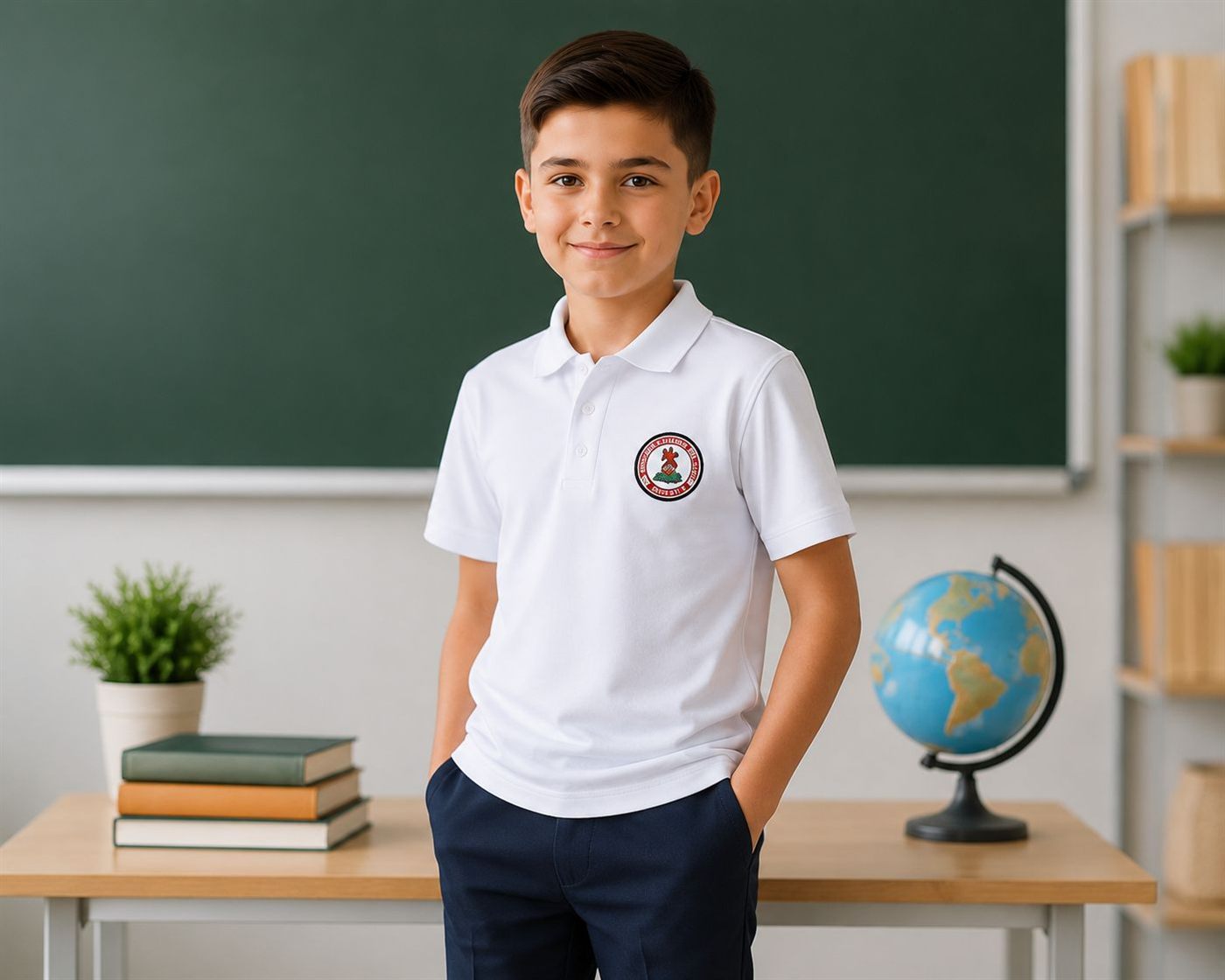 Băiat în polo alb brodat EduWear în clasă