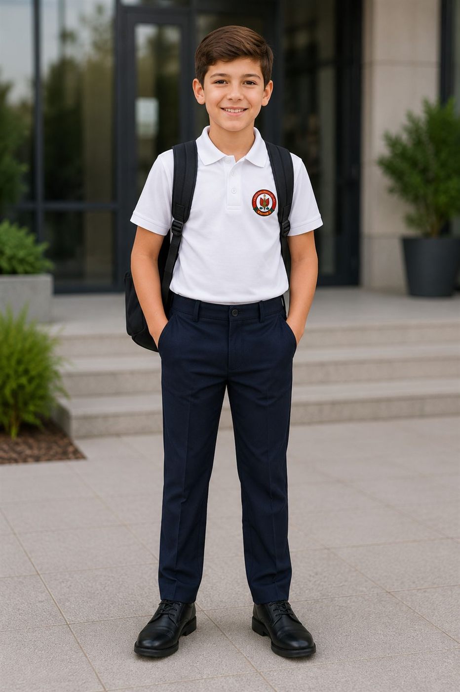 Uniformă școlară băieți — polo brodat și pantaloni bleumarin EduWear