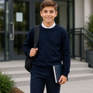 Băiat purtând bluza bleumarin EduWear în fața școlii