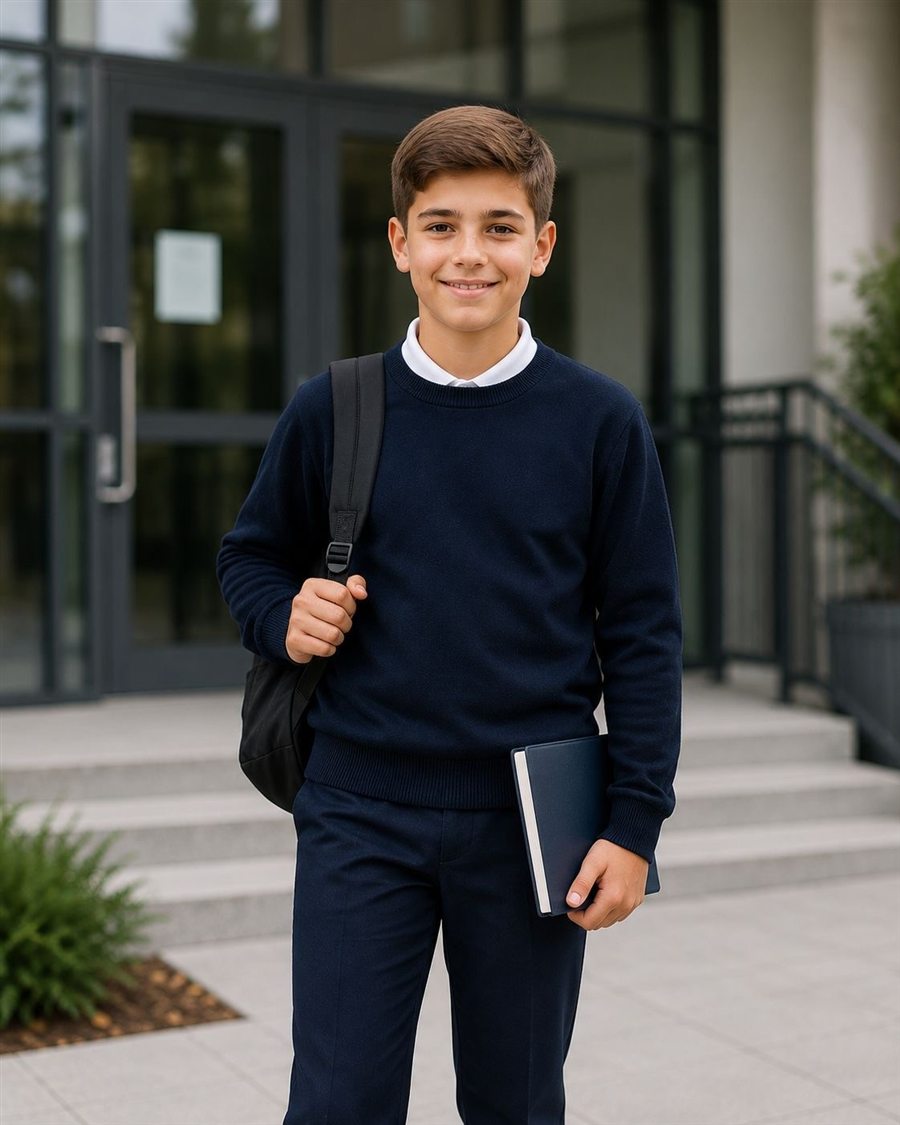 Băiat purtând bluza bleumarin EduWear în fața școlii
