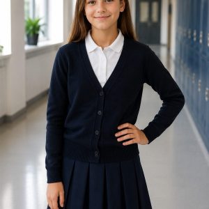 Fată purtând cardigan bleumarin EduWear cu polo alb și fustă plisată