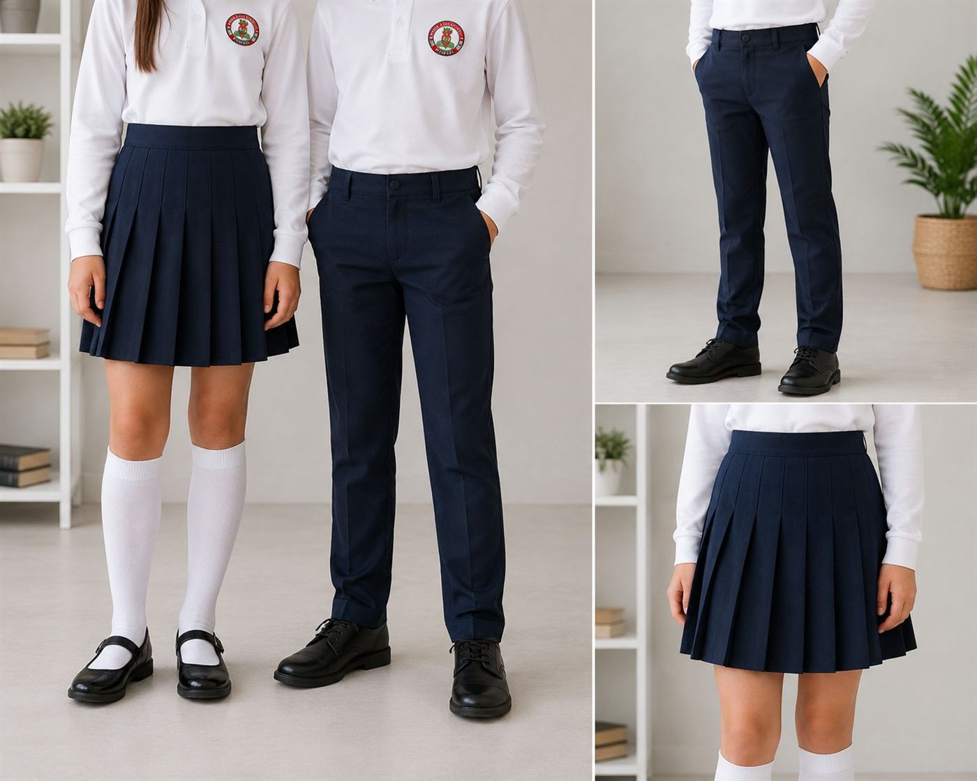 Detaliu pantaloni școlari și fustă plisată bleumarin EduWear