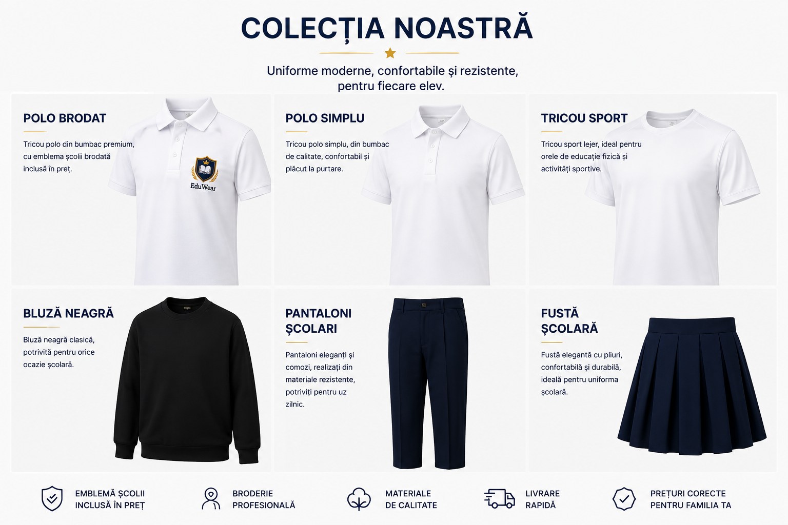 Colecția EduWear — polo brodat, polo simplu, tricou sport, bluză neagră, pantaloni și fustă școlară