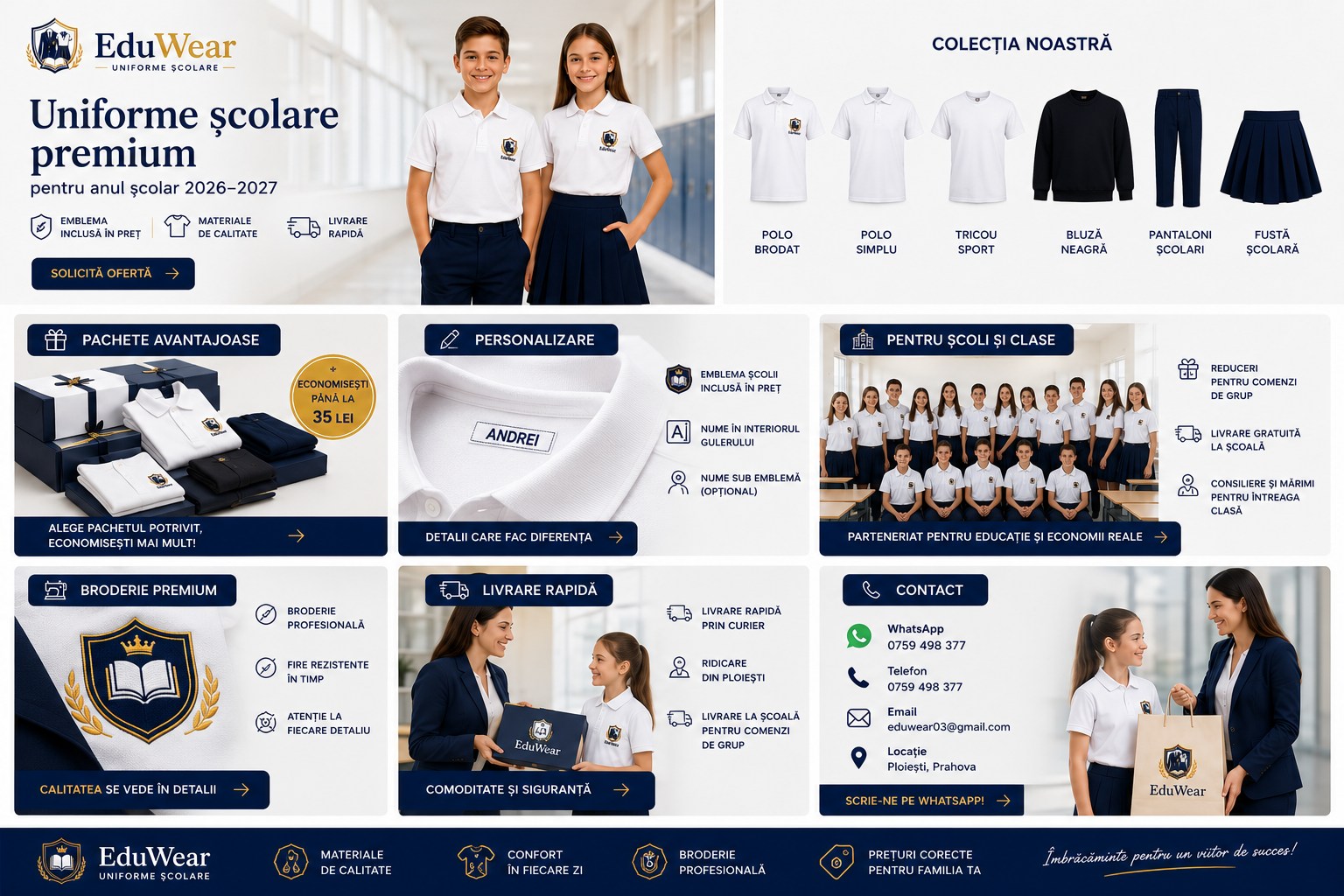 Ofertă EduWear — modele de uniforme, culori, materiale, pachete și prețuri