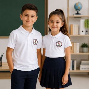 Elevi în uniforme EduWear — polo brodat, fustă și pantaloni