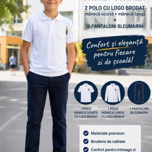 Pachet Băieți CLASIC: 2 polo cu logo brodat + 1 pantaloni bleumarin