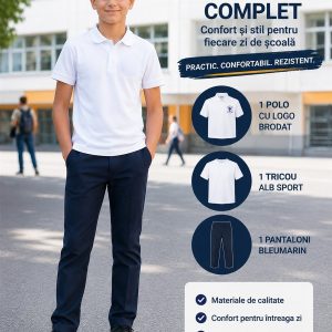 Pachet ECONOMIC: 1 polo cu logo brodat + 1 tricou alb sport + 1 pantaloni bleumarin