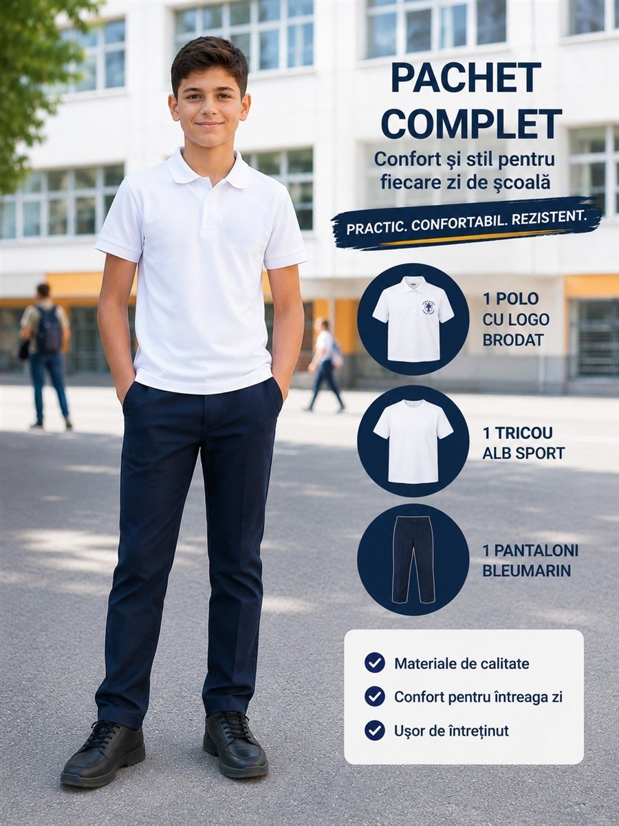 Pachet ECONOMIC: 1 polo cu logo brodat + 1 tricou alb sport + 1 pantaloni bleumarin
