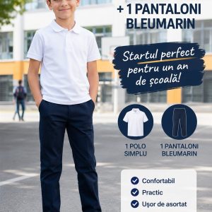 Pachet Băieți START: 1 polo simplu + 1 pantaloni bleumarin — startul perfect pentru un an de școală