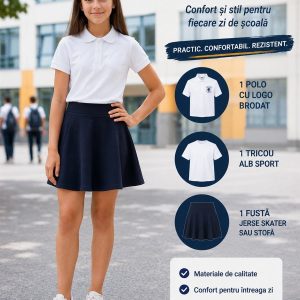 Pachet Fete ECONOMIC: 1 polo cu logo brodat + 1 tricou alb sport + 1 fustă jerse sau stofă