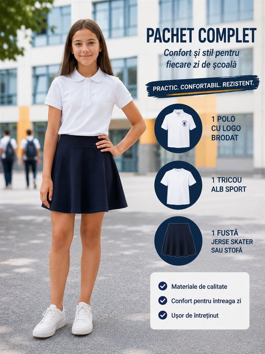 Pachet Fete ECONOMIC: 1 polo cu logo brodat + 1 tricou alb sport + 1 fustă jerse sau stofă