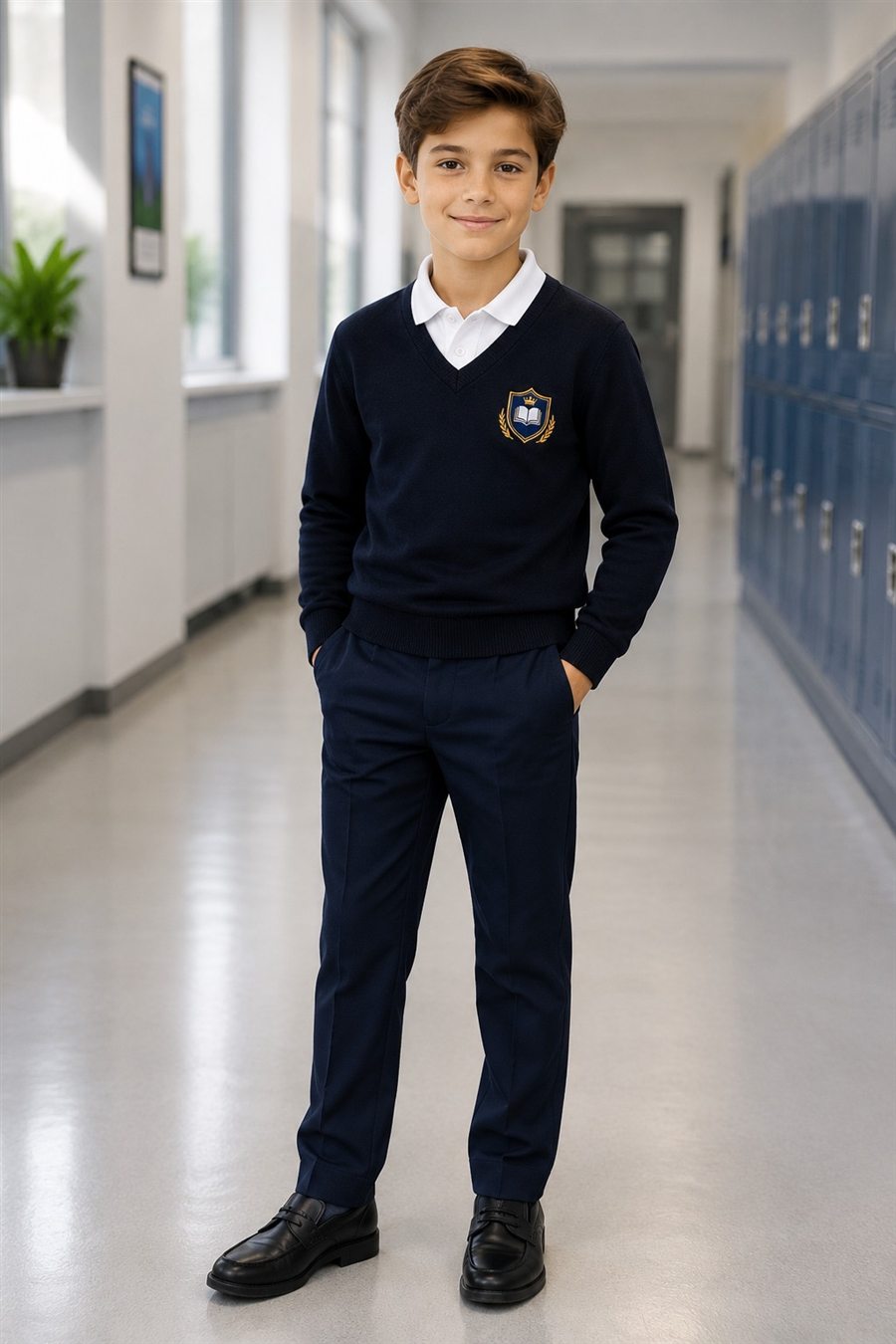 Băiat purtând pantaloni bleumarin EduWear pe holul școlii
