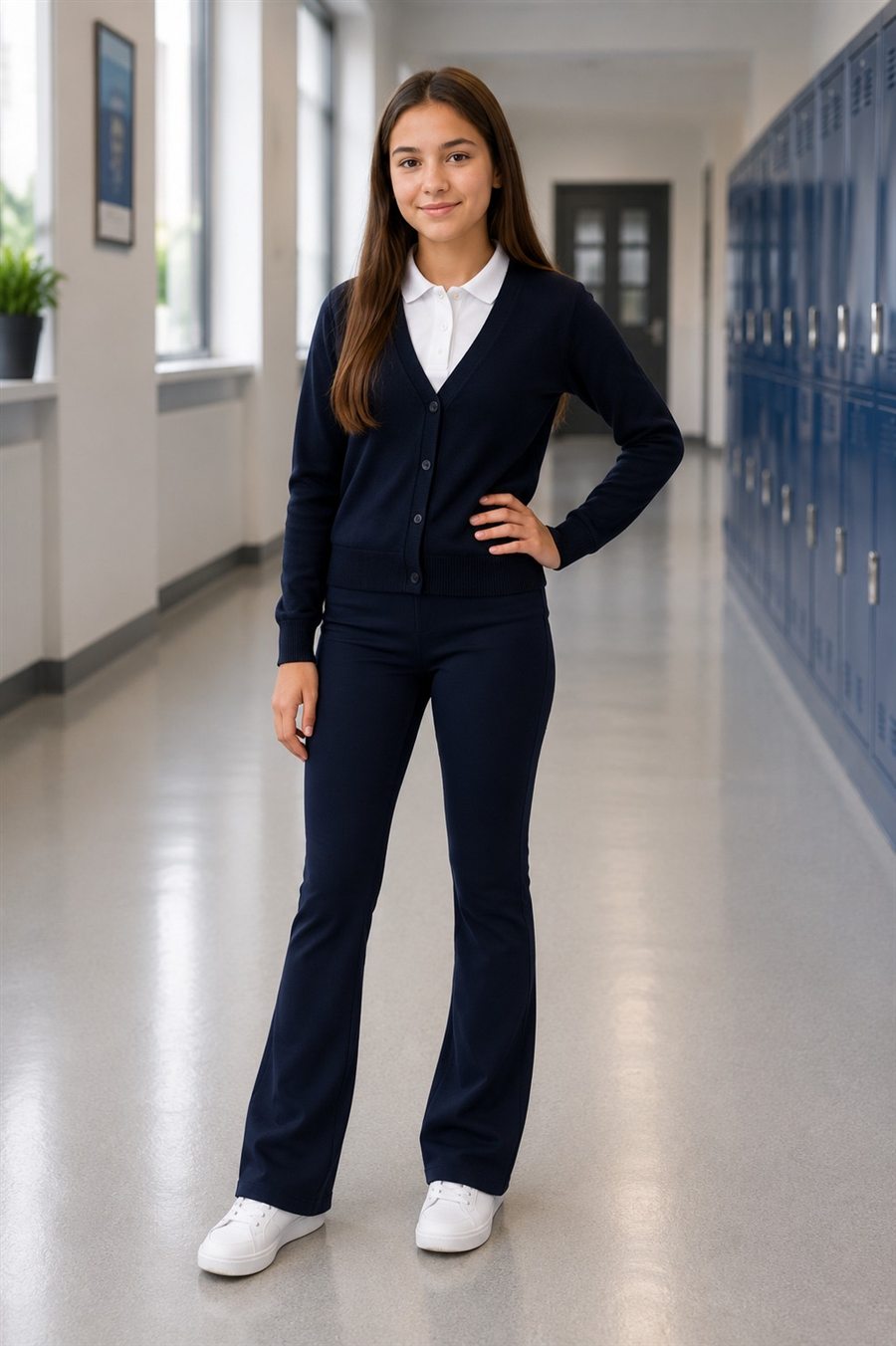 Fată purtând pantaloni bleumarin EduWear pe holul școlii