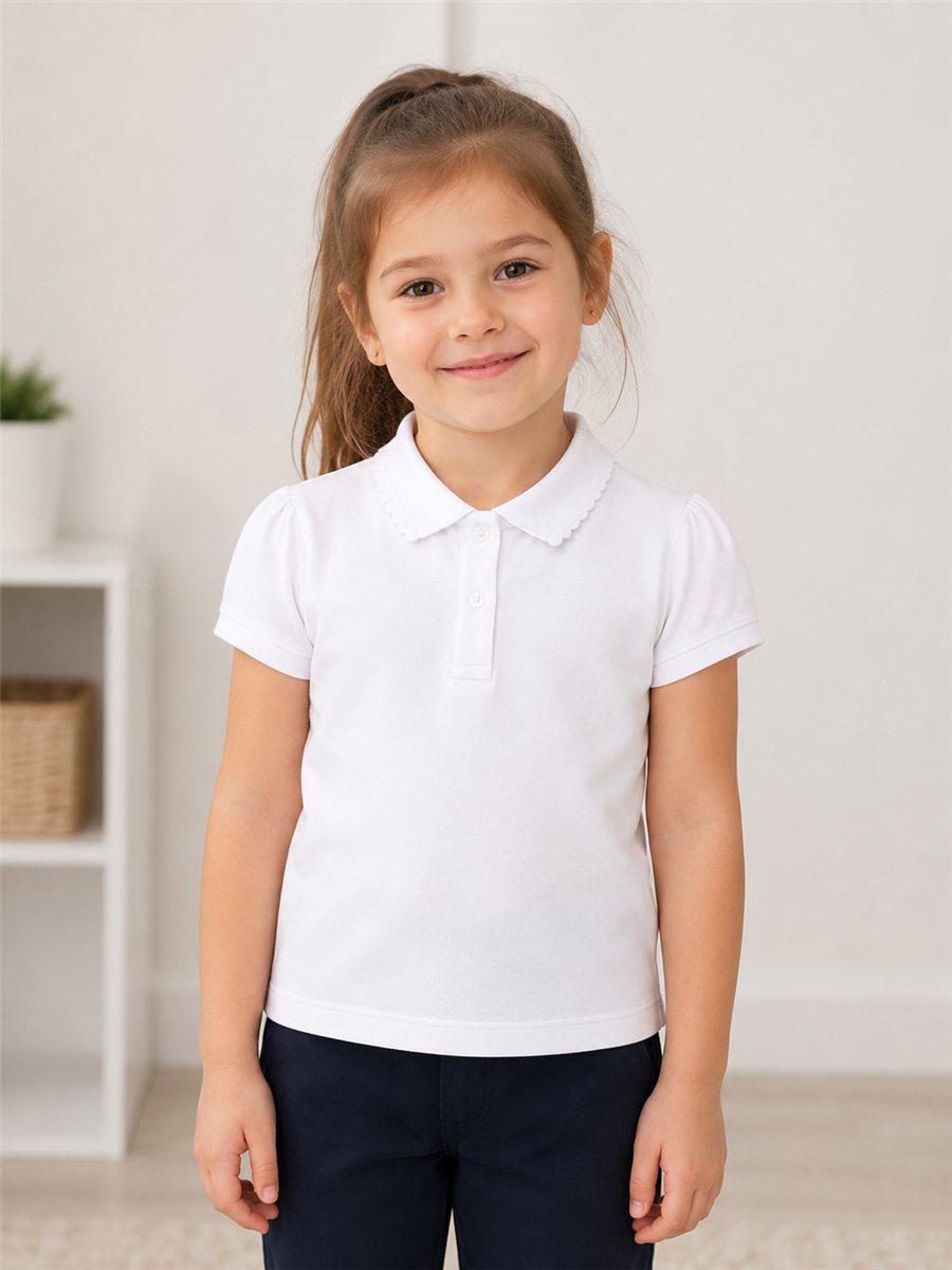 Fetiță purtând tricou polo alb EduWear cu guler festonat