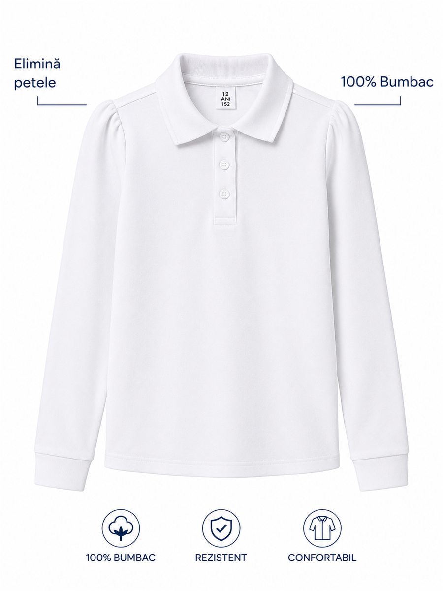 Polo alb mânecă lungă pentru fete — EduWear