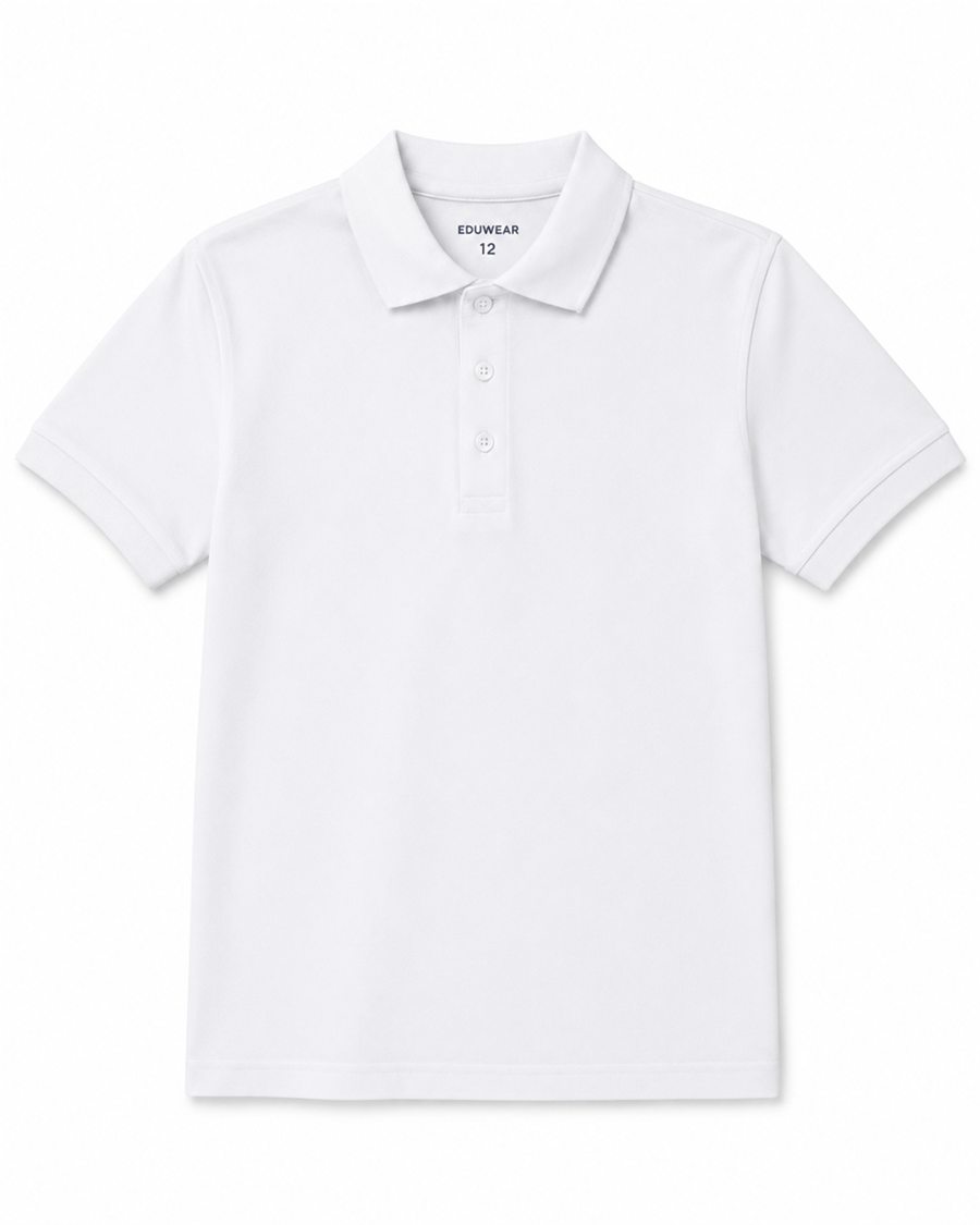 Tricou polo alb EduWear cu mânecă scurtă, eticheta EduWear vizibilă