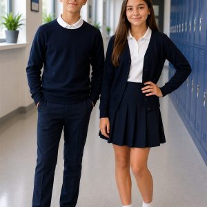 Elev cu bluză și pantaloni, elevă cu cardigan și fustă plisată — uniforme EduWear