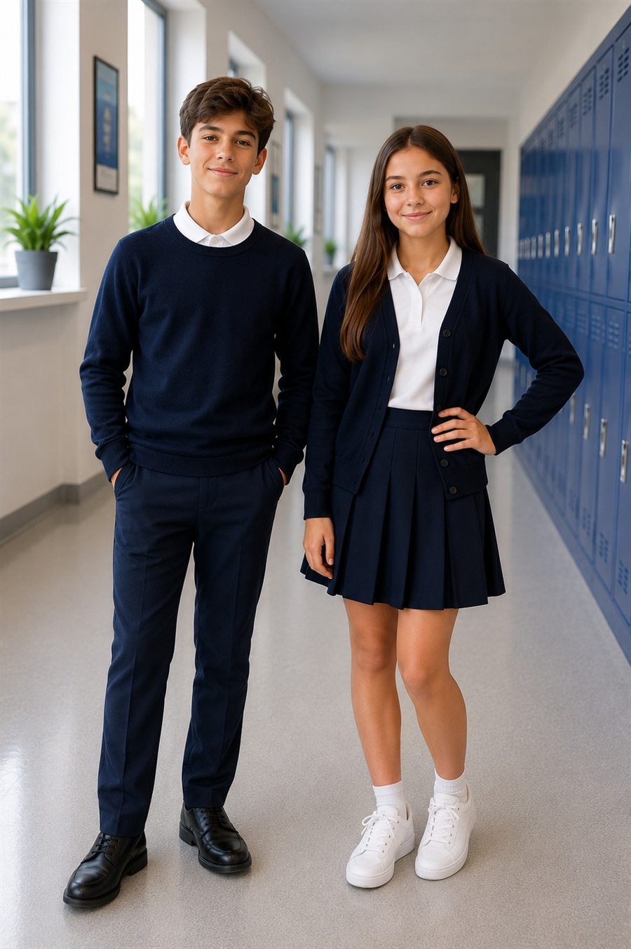 Elev cu bluză și pantaloni, elevă cu cardigan și fustă plisată — uniforme EduWear